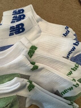 New Balance Women’s White Low-Cut Athletic Socks with Blue and Green Logos